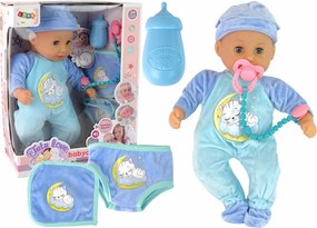 LEAN Toys Bábika bábätko so zvukmi, cumlík a podbradník, mačacie pyžamo modrá