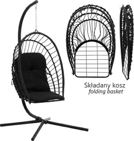 CH ERIS ČIERNA SKLADACIA ZÁVESNÁ STOLIČKA, VANKÚŠ – ČIERNY, RÁM – ČIERNY