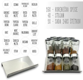 Orion Sada 16ks koreničiek SPICE BLACK 100ml + 4ks nerezový organizér na koreničky VASKY - NEREZ (nízky) + sada 24ks štítkov