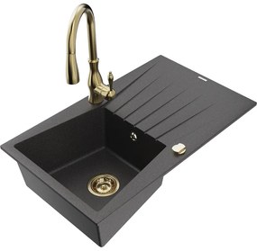 Mexen Cesar, 1-komorový granitový drez 775x470x190 mm a drezová batéria Savita, čierna škvrtnitá, 6514-76-672601-50