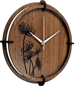 Drevené hodiny Wenge s čiernym kvetinovým motívom | SENTOP HDF0586-ORECH-WENGE