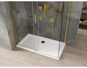 Mexen Omega, sprchovací kút s posuvnými dverami 140 (dvere) x 70 (stena) cm, 8mm číre sklo, zlatý profil + slim sprchová vanička 5cm, 825-140-070-50-00-4010