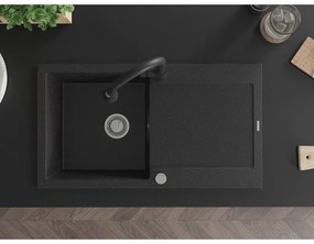 Mexen Leo, 1-komorový granitový drez 900x500x190 mm a drezová batéria Elia, čierna-strieborná metalíza, 6501-73-670101-70