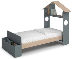 Domčeková detská posteľ v dekore borovice s úložným priestorom s roštom 90x190 cm v prírodnej farbe/sivozelená Odessa – Marckeric