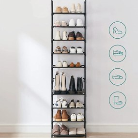 Botník, 10-úrovňový stojan na topánky, úzky, čierny