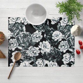 Biante Zamatové prestieranie na stôl Tamara TMR-040 Čierno-biele pivonky na čiernom 30x40 cm