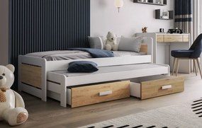 Detská posteľ z masívu borovice TIESTO s prístelkou a šuplíky - 200x90 cm - biela/dub shetland