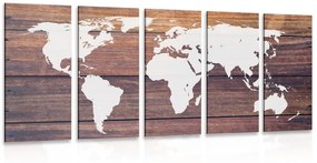 5-dielny obraz mapa sveta s dreveným pozadím - 100x50