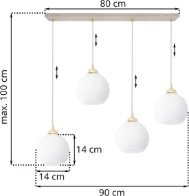 Závesné svietidlo Eliza, 4x biele sklenené tienidlo, g/be