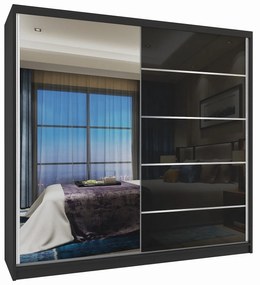 Šatníková skriňa 200 cm Belini čierny mat / čierny lesk s posuvnými dverami a zrkadlom  MG SZP1/2/B/1L5B/HI