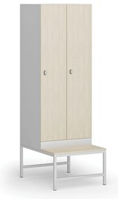 Šatníková skrinka S1 s lavičkou, 2 oddiely, 1875 x 600 x 500/800 mm, demont, otočný zámok, laminované dvere, breza