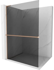 Mexen Kioto+ L, sprchová zástena Walk-In s poličkou a vešiakom 90 x 200 cm, 8mm šedé sklo, medený matný profil, 800-090-123-65-40