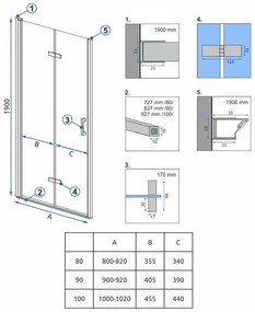 Rea Molier, skladacie sprchové dvere 80x190cm, 6mm číre sklo, chrómový profil + bočný magnetický profil, KPL-K6367