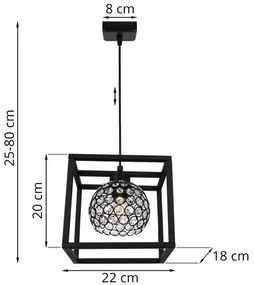 Závesné svietidlo CRYSTAL CAGE, 1x čierne krištáľové tienidlo v kovovom ráme