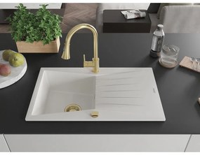 Mexen Cesar, 1-komorový granitový drez 775x470x190 mm a drezová batéria Elia, biela, 6514-20-670101-50