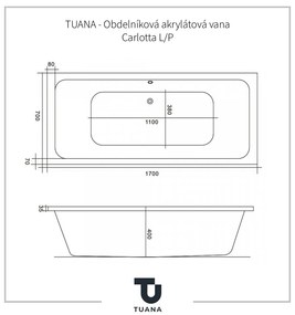 TUANA - Obdĺžniková akrylátová vaňa Carlotta Ľ/P - s príslušenstvom - biela lesklá - 170x75 cm