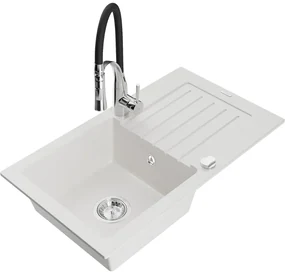 Mexen Pablo, 1-komorový granitový drez 752x436x161 mm a drezová batéria Aster, biela, 6510-20-73450-07