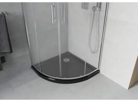 Mexen Rio, štvrťkruhový sprchovací kút s posuvnými dverami 80 x 80 cm, 6mm číre sklo, chrómový profil + čierna sprchová vanička, 863-080-080-01-00-4170