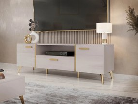 Moderná TV skrinka Rostiw 150 2D1SZ, Farby: kašmír / kašmír lesk + zlatá