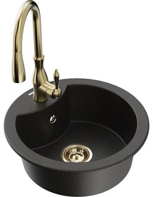Mexen Diego, 1-komorový granitový drez 488x488x167 mm a drezová batéria Savita, čierna-zlatá metalíza, 6512-75-672601-50