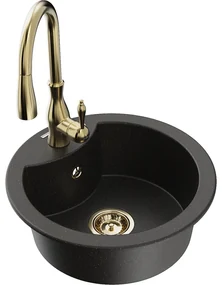 Mexen Diego, 1-komorový granitový drez 488x488x167 mm a drezová batéria Savita, čierna-zlatá metalíza, 6512-75-672601-50