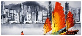 Obraz - Victoria Harbor, Hong Kong, čiernobiela olejomaľba (120x50 cm)