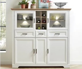 Vysoká komoda s vitrínami Jasmin, bielená pínia/dub, s osvetlením%