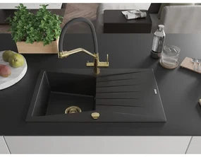Mexen Cesar, 1-komorový granitový drez 775x470x190 mm a drezová batéria Duo, čierna, 6514-77-671701-57-G
