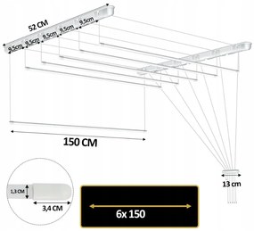 Erga Erga, stropný vešiak na sušenie bielizne 6x150 cm, biela, ERG-SEP-10SUSSUF6PP15