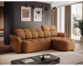 Žltá/hnedá zamatová rozkladacia/s úložným priestorom rohová pohovka (pravý roh/s leňoškou) Beneth – ELTAP