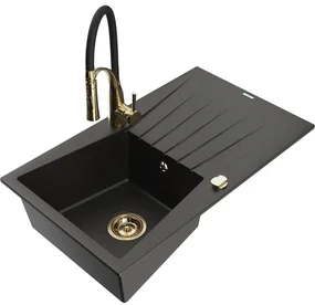 Mexen Cesar, 1-komorový granitový drez 775x470x190 mm a drezová batéria Aster, čierna-zlatá metalíza, 6514-75-73450-57-G
