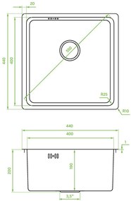 Laveo Aden, 1-komorový nerezový drez 440x440x200 mm, zlatá matná, LAV-SLA_G10P