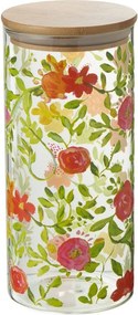 Sklenená dóza na potraviny s dreveným viečkom a kvetmi Floral glass - Ø10*23cm / 1400ml