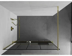 Mexen Kioto+, sprchová zástena s poličkou a držiakom na uteráky 140 x 200 cm, 8mm číre sklo vzor čierny, zlatý profil, 800-140-121-50-78