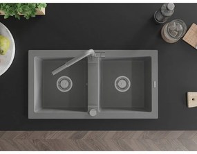 Mexen Mario, 2-komorový granitový drez 820x436x161 mm a drezová batéria Flora, šedá, 6504-71-670401-06