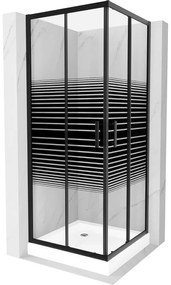 Mexen Rio, štvorcový sprchovací kút s posuvnými dverami 70(dvere) x 70(dvere) x 190 cm, 6mm číre sklo s pásikmi, čierny profil + biela sprchová vanička RIO, 860-070-070-70-20-4510
