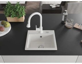 Mexen Milo, 1-komorový granitový drez 435x410x171 mm a drezová batéria Elia, biela, 6505-20-670101-20