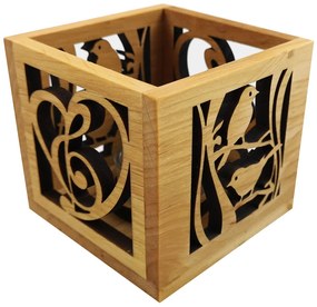 AMADEA Drevený svietnik kocky s motívom vtáčikov a srdca s husľovým kľúčom, masívne drevo, 10x10x10 cm