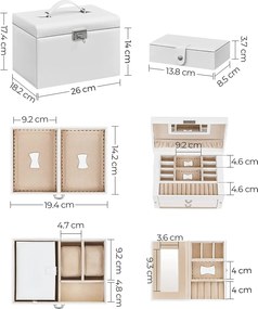 Šperkovnica s 2 zásuvkami, uzamykateľná, so zrkadlom, biela