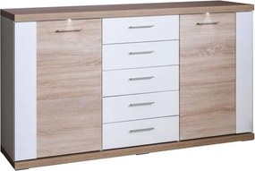 Široká komoda Caracas typ 21, dub/biely lesk, s osvetlením