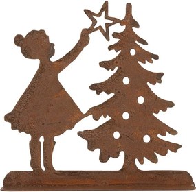 Hrdzavá vianočná dekorácia dievča pri stromčeku Brocante rust - 14*5*14 cm