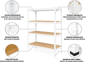 Regál 150x70x30 cm lakovaný 4-policový, nosnosť 700 kg - biely