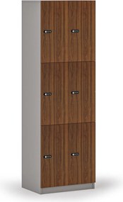 Drevená šatníková skrinka S4 s úložnými boxmi, 6 boxov, demont, mechanický kódový zámok, sivá/orech