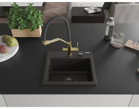 Mexen Milo, granitový drez 435x410x171 mm, 1-komorový a drezová batéria Duo, čierna-zlatá metalíza, 6505-75-671701-57-B