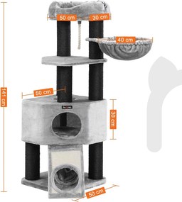 Veľké škrabadlo pre mačky s plyšovým košíkom a jaskynkou, svetlošedé