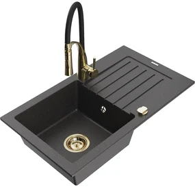 Mexen Pablo, 1-komorový granitový drez 752x436x161 mm a drezová batéria Aster, čierna škvrnitá, 6510-76-73450-57-G