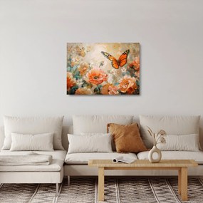 Sklenený obraz - Motýľ a kvety, olejomaľba (70x50 cm)