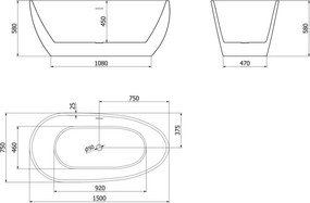 Mexen Eos, voľne stojaca vaňa 150 x 75 cm, biela, brúsený grafit prepad, 52471507500-95
