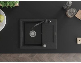 Mexen Enzo, granitový drez 576x465x174 mm, 1-komorový a drezová batéria Carla, čierna-strieborná metalíza, 6506-73-670700-70