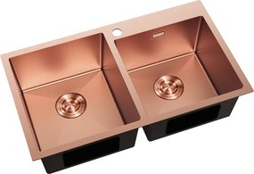 Mexen Xorin, 2-komorový nerezový drez 780 x 450 mm, brúsená meď, 6441782000-65
